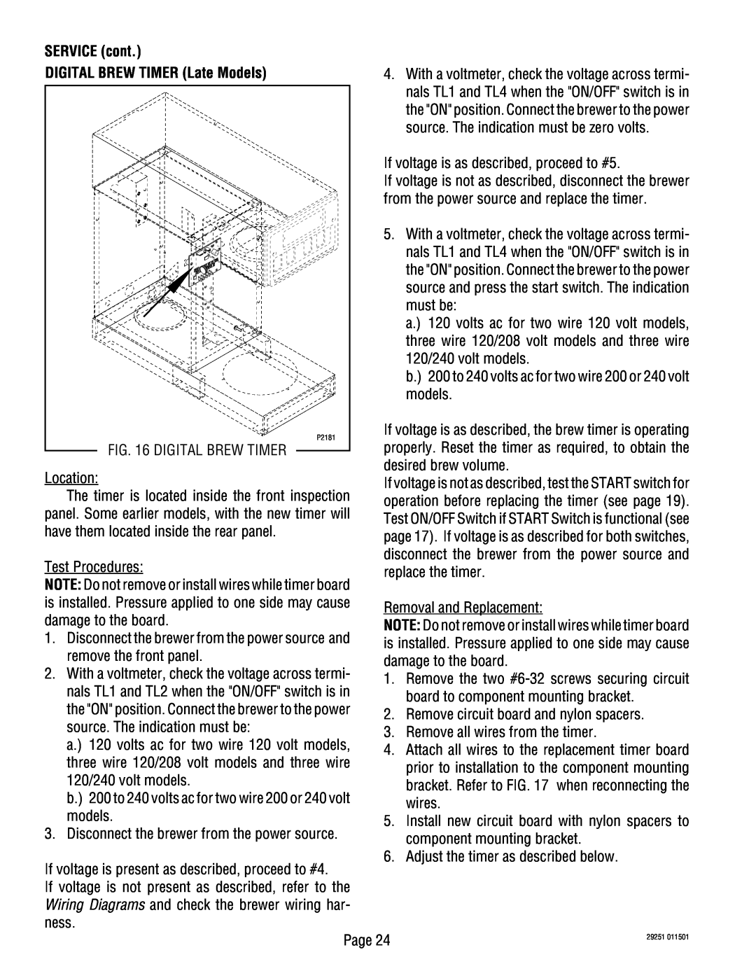 Bunn SA, STA, STFA service manual DIGITAL BREW TIMER Late Models, Digital Brew Timer, SERVICE cont 