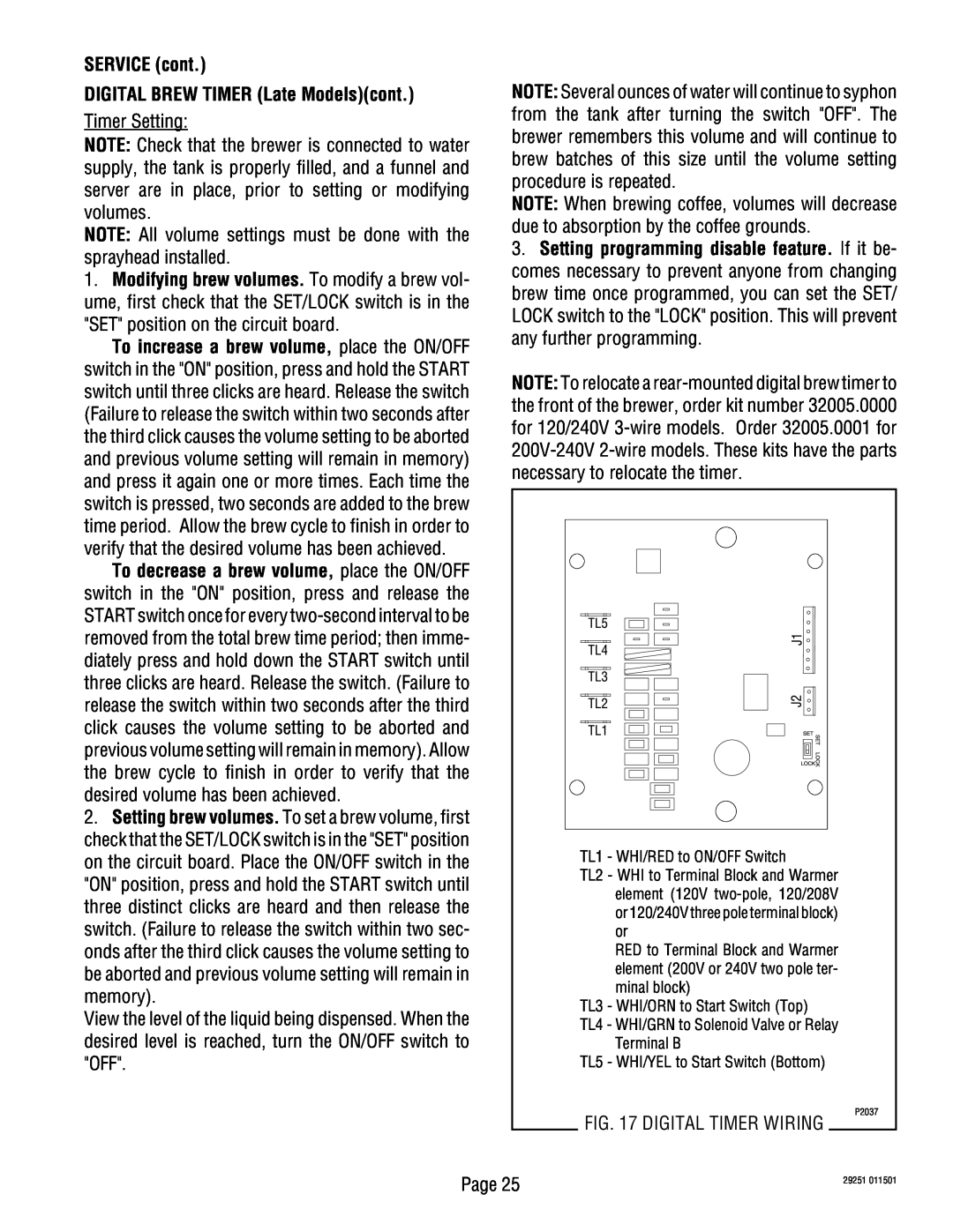 Bunn STA, STFA, SA service manual SERVICE cont DIGITAL BREW TIMER Late Modelscont 