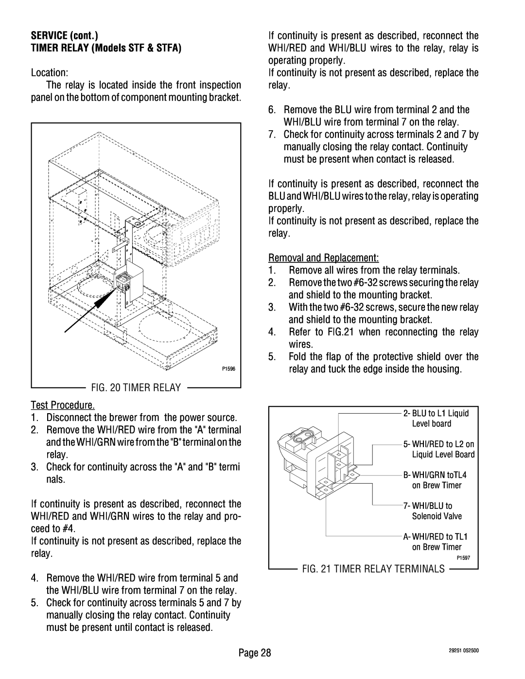 Bunn STA, SA service manual SERVICE cont TIMER RELAY Models STF & STFA 