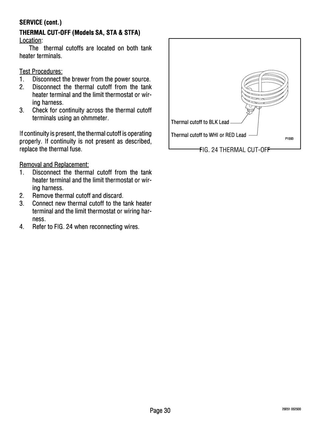 Bunn service manual SERVICE cont THERMAL CUT-OFFModels SA, STA & STFA 