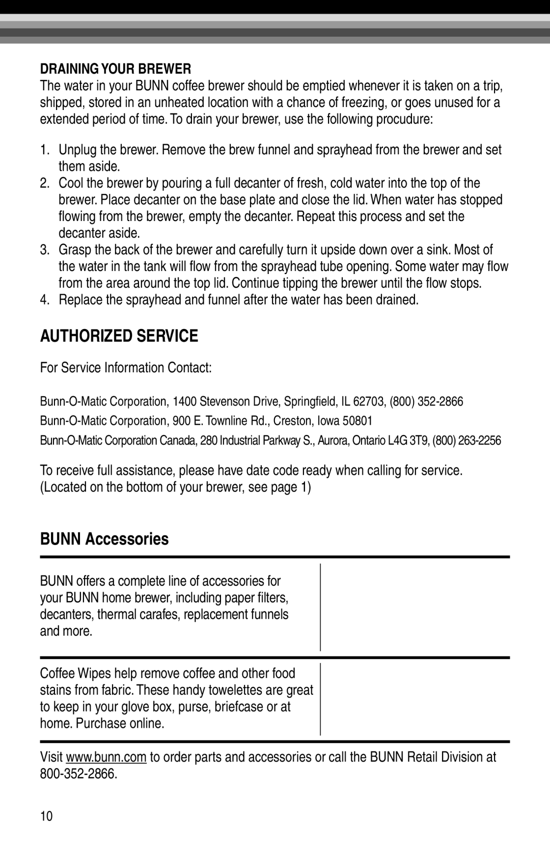 Bunn STX, NHBX-W, NHBX-B manual Authorized Service, Bunn Accessories 