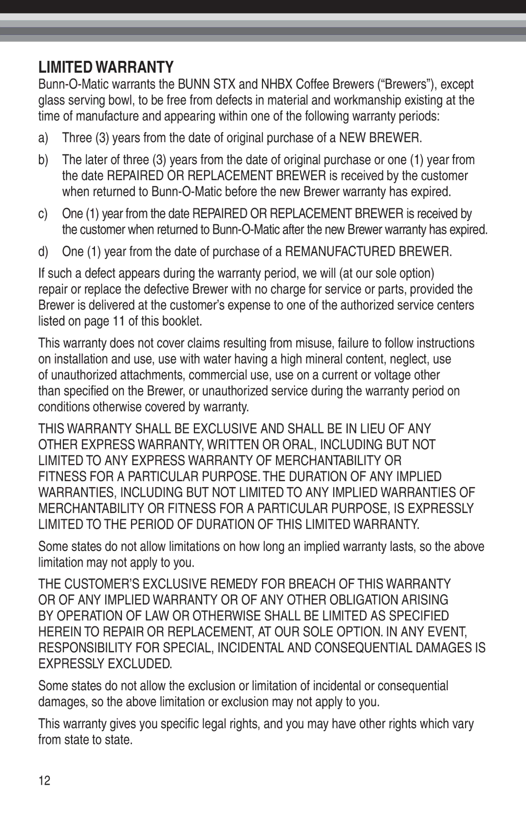 Bunn NHBX-B, STX, NHBX-W manual Limited Warranty 