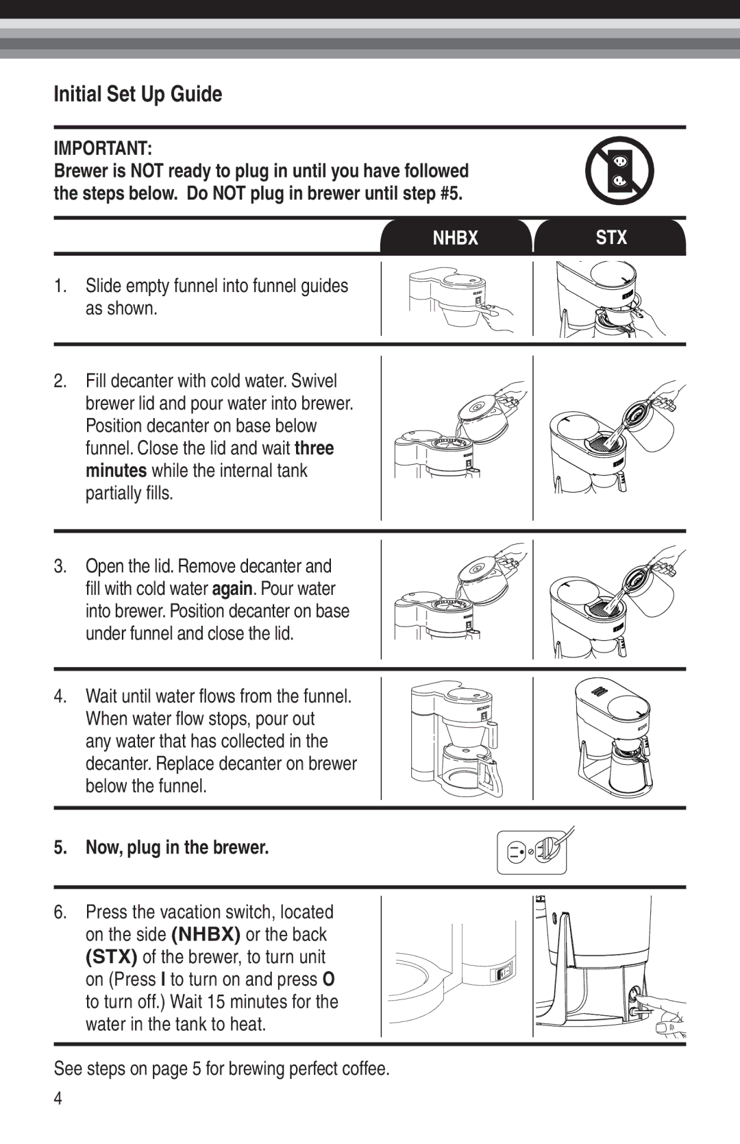 Bunn STX, NHBX-W, NHBX-B manual Initial Set Up Guide, Now, plug in the brewer 