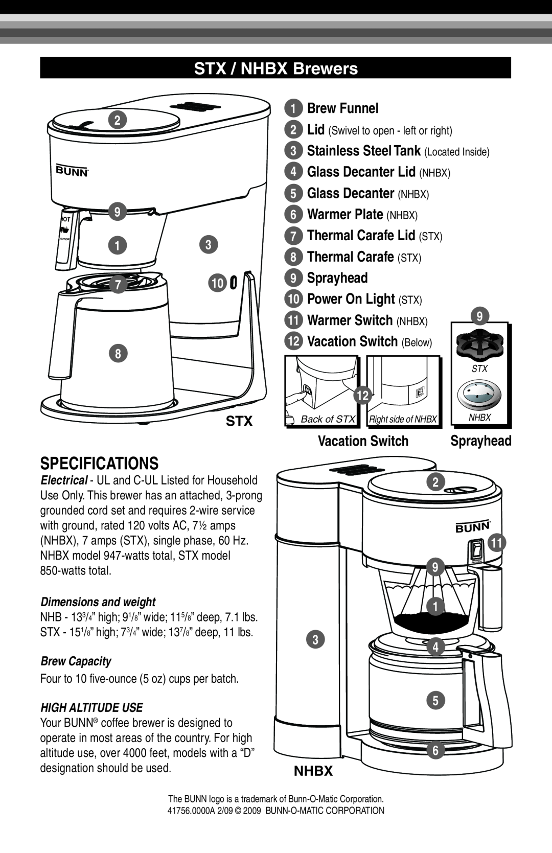 Bunn NHBX-B Specifications, STX / NHBX Brewers, Brew Funnel, Stainless Steel Tank Located Inside 4 Glass Decanter Lid NHBX 