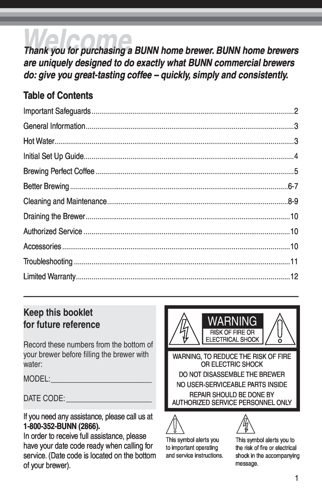 Bunn STX, NHBX-W, NHBX-B manual Table of Contents, Welcome, Bunn, Keep this booklet for future reference 