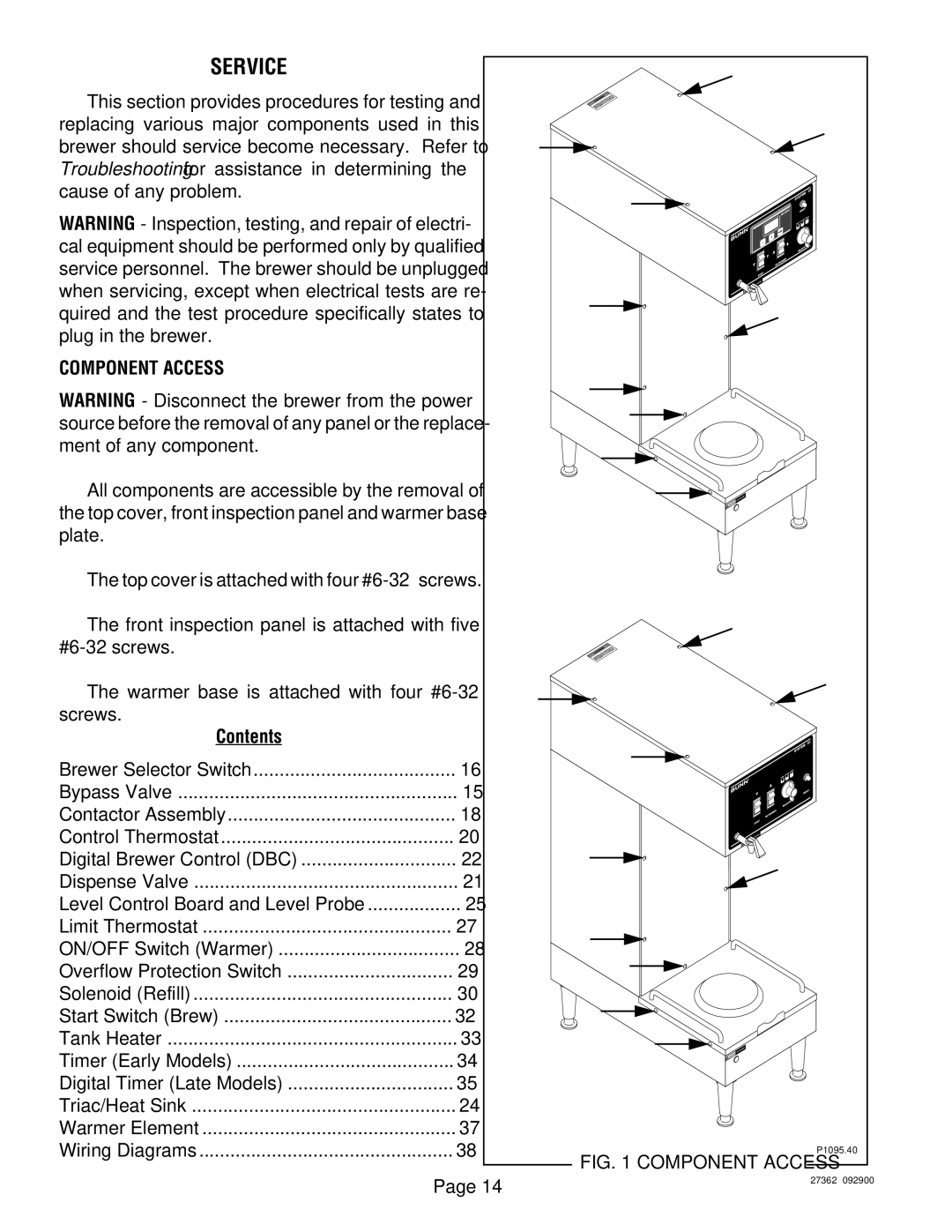 Bunn System III manual Service, Component Access, Contents 