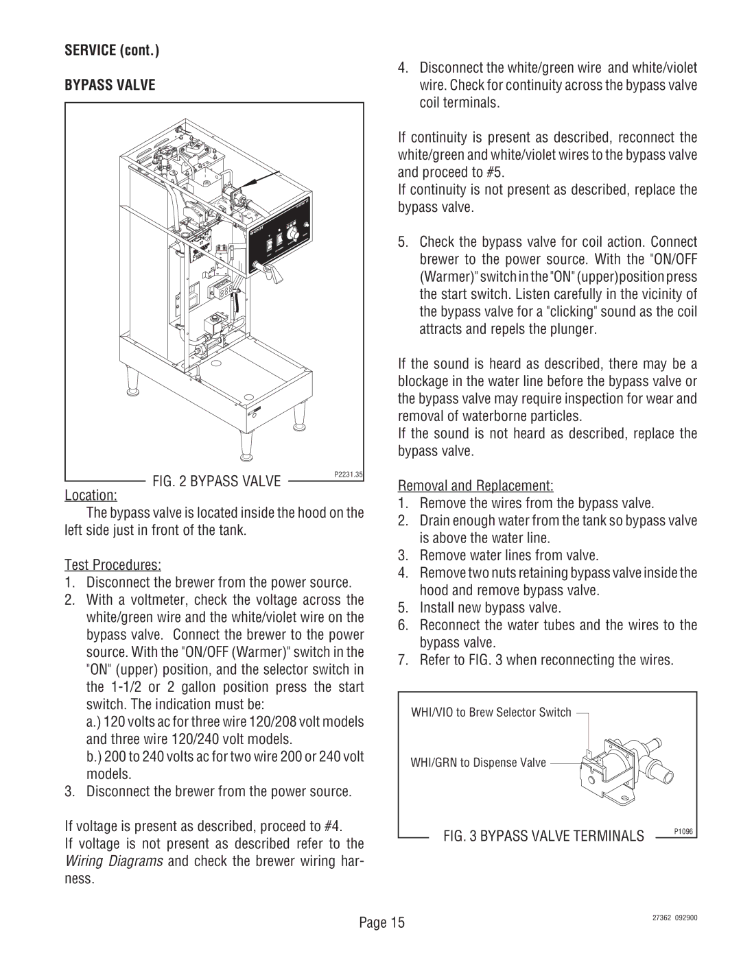 Bunn System III manual Service, Bypass Valve 