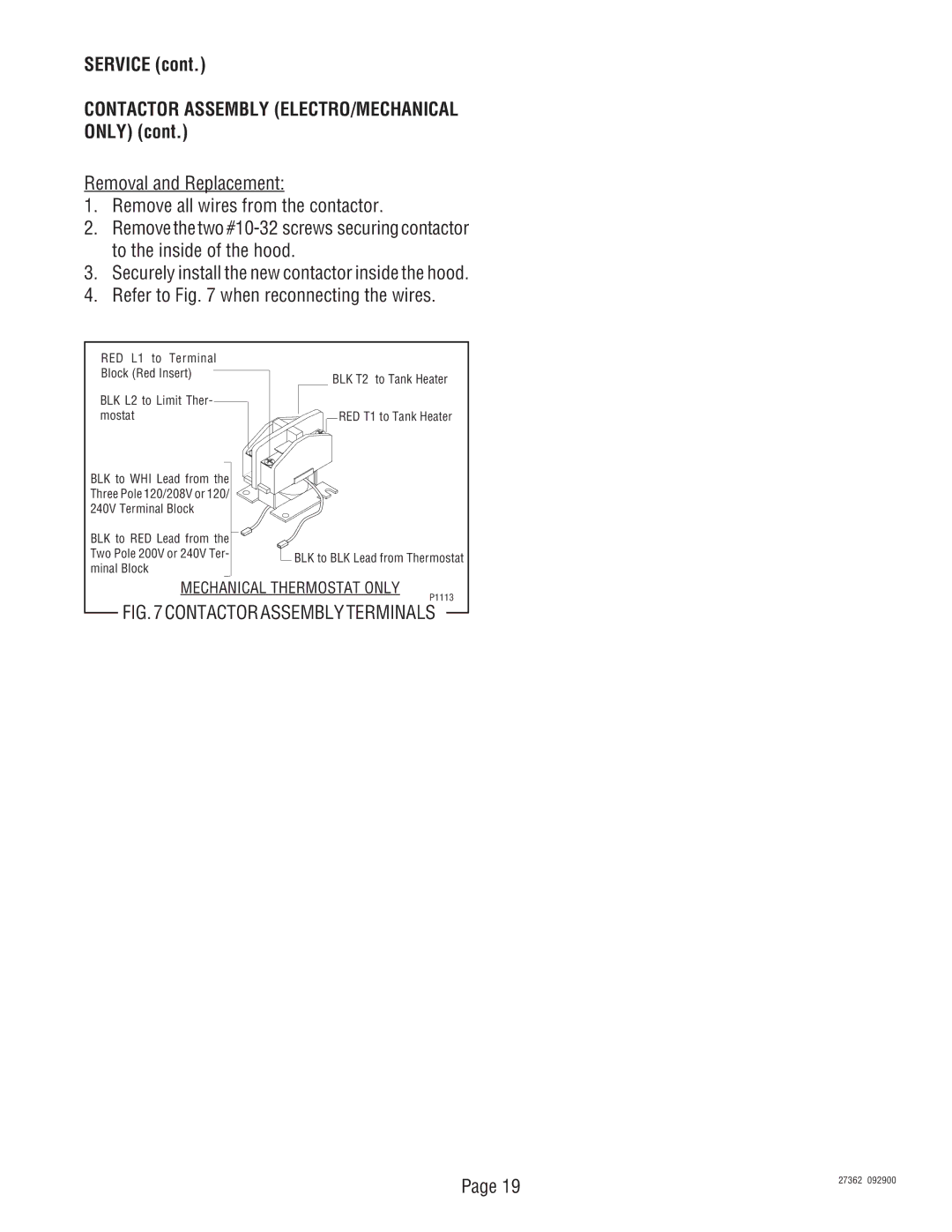 Bunn System III manual Service Contactor Assembly ELECTRO/MECHANICAL only, Contactor Assembly Terminals 