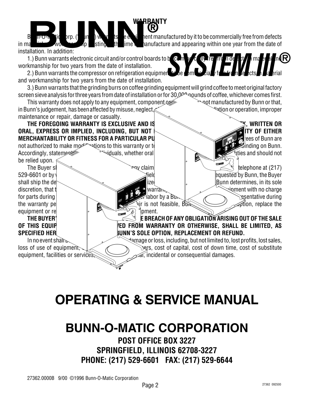 Bunn System III manual Warranty 