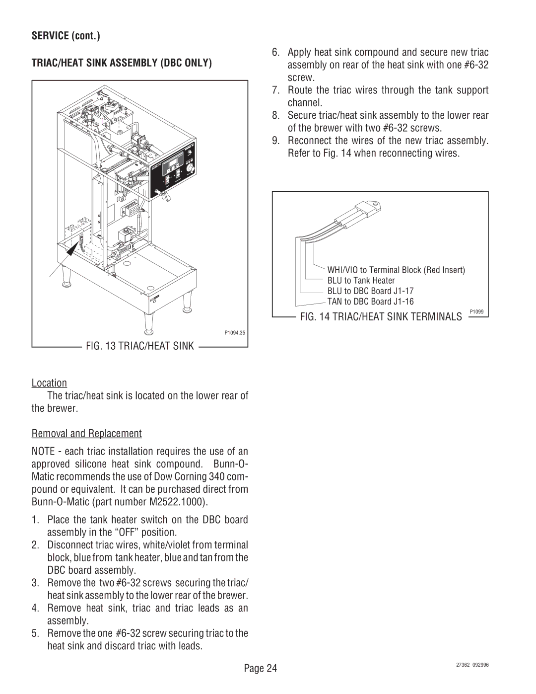 Bunn System III manual TRIAC/HEAT Sink Assembly DBC only 