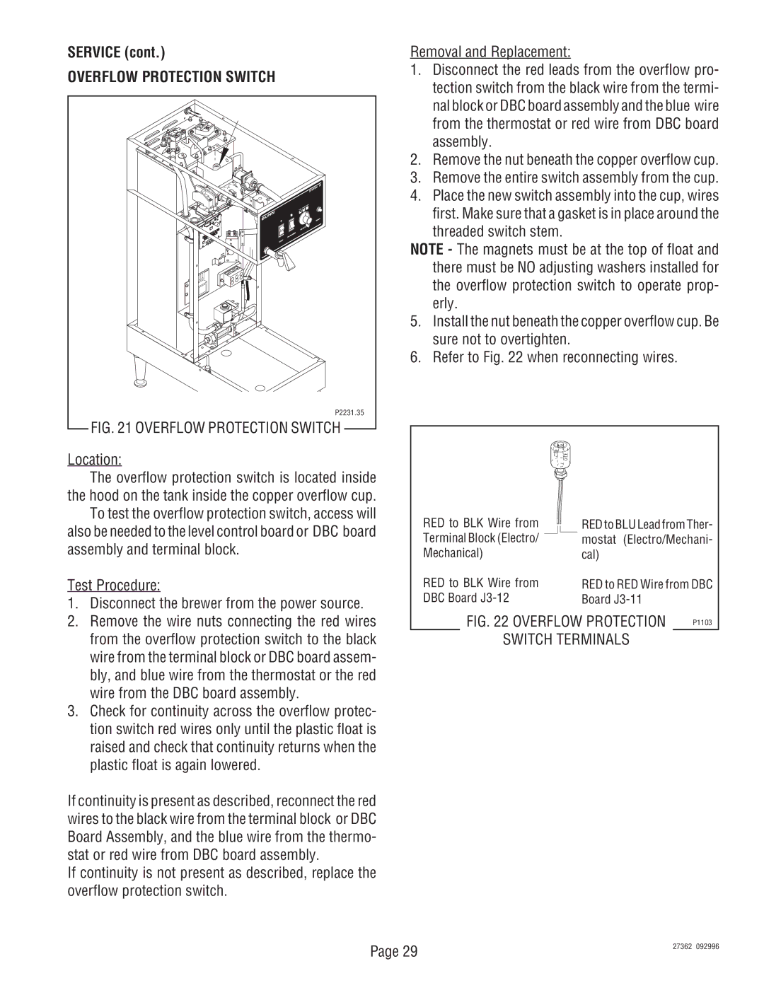 Bunn System III manual Overflow Protection Switch, Test Procedure Disconnect the brewer from the power source 