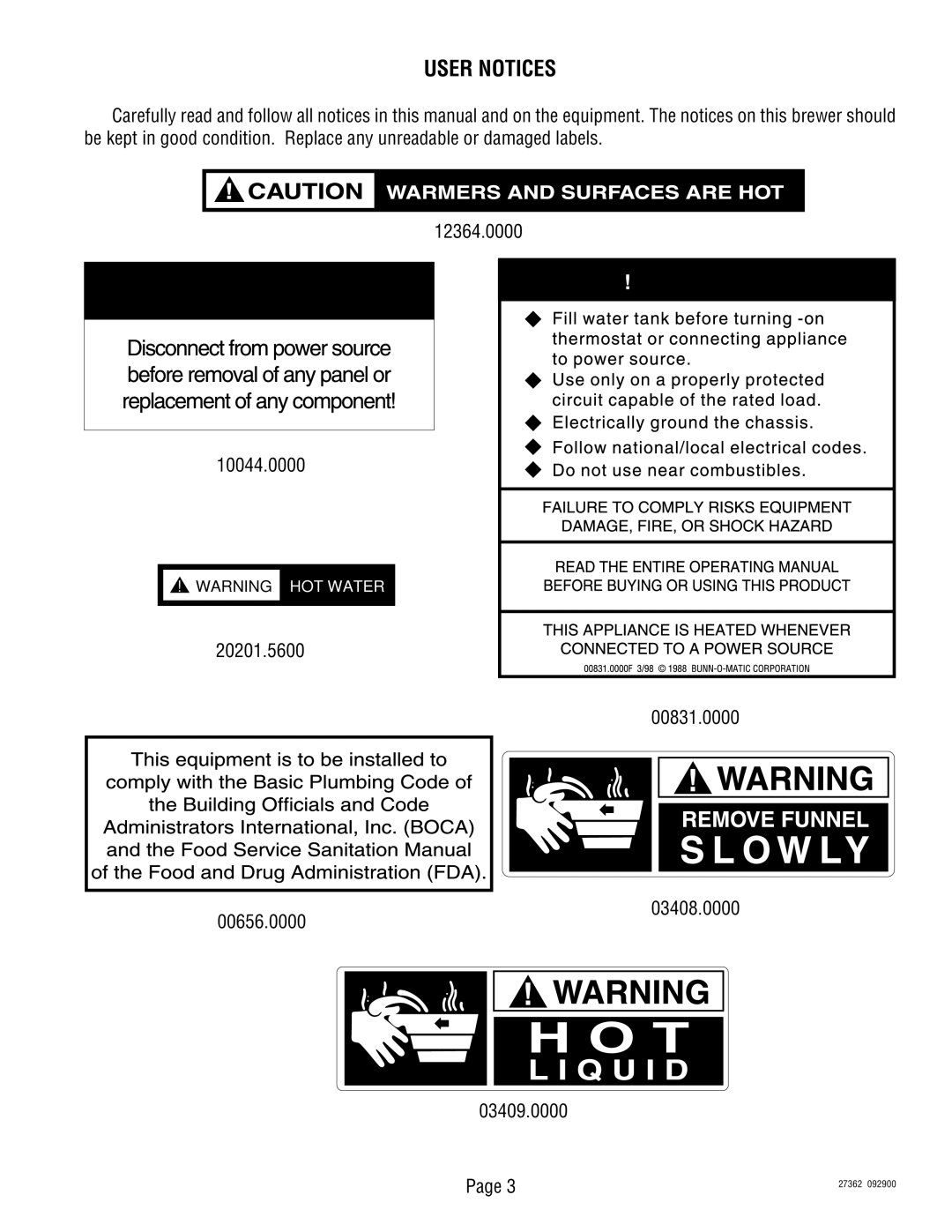 Bunn System III manual User Notices, 20201.5600 00831.0000 00656.0000 03408.0000 03409.0000 