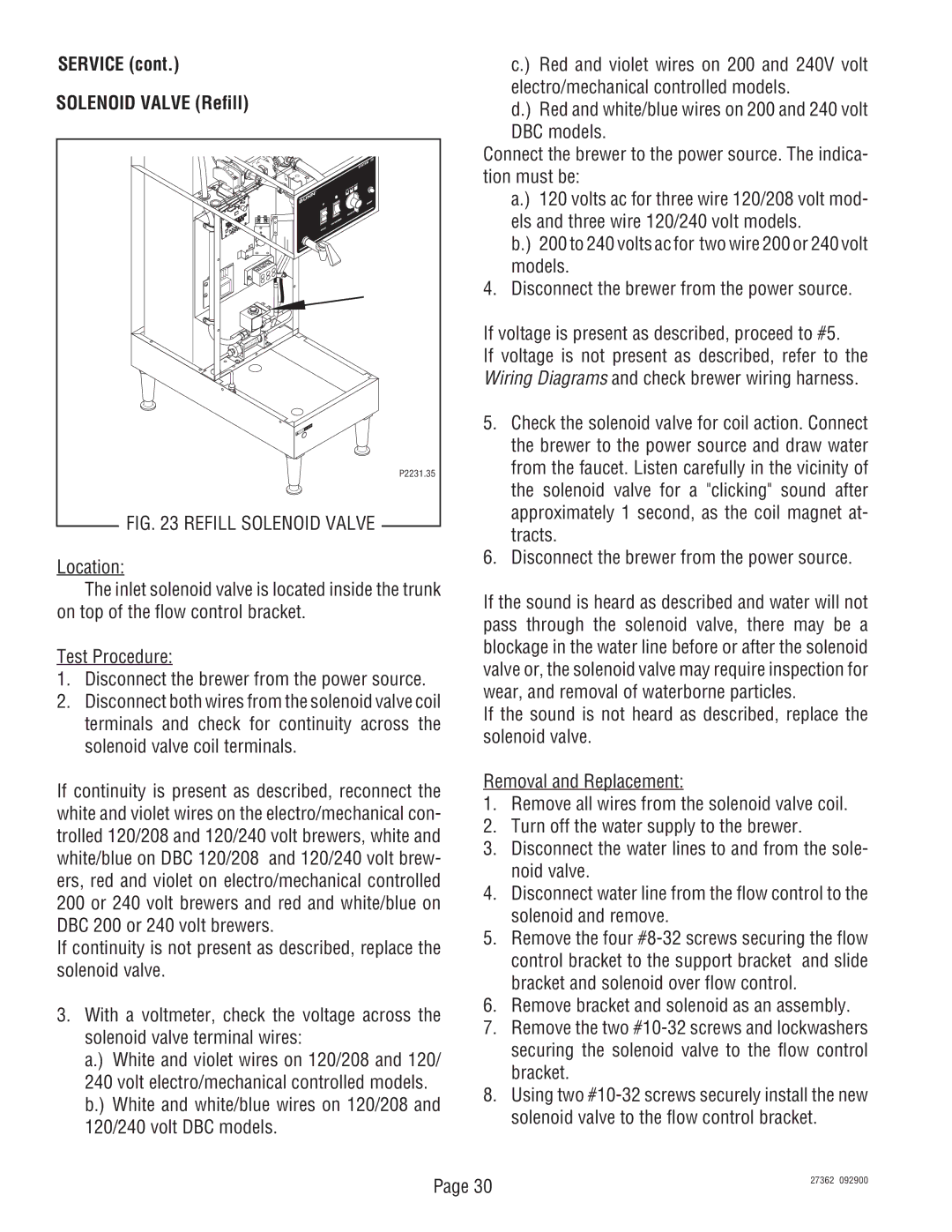 Bunn System III manual Service Solenoid Valve Refill, Refill Solenoid Valve 