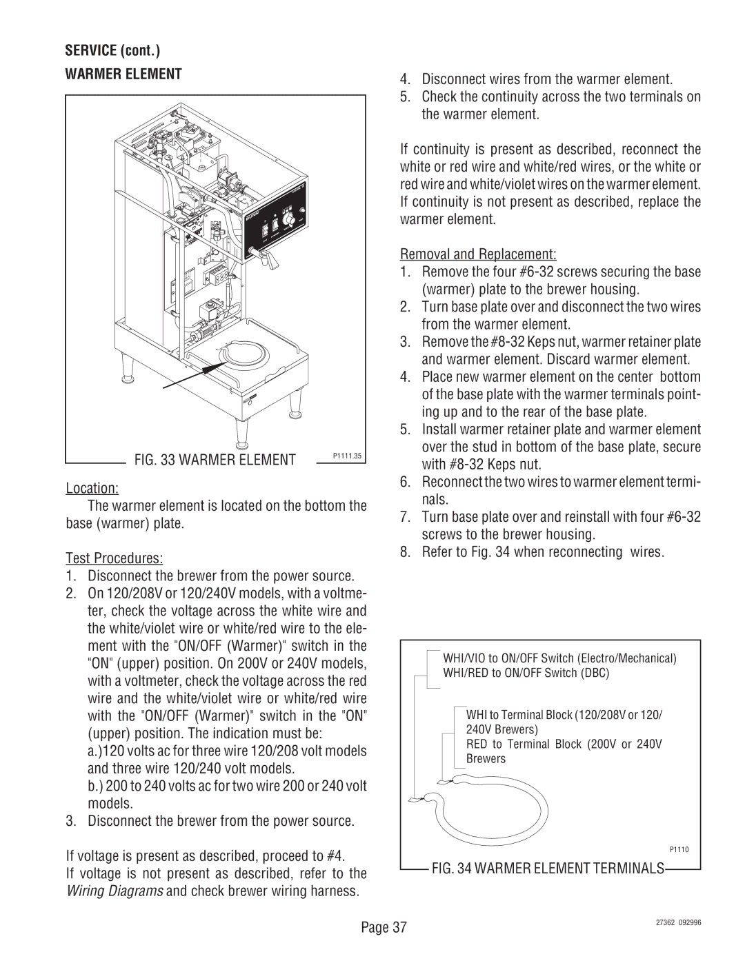 Bunn System III manual Warmer Element 