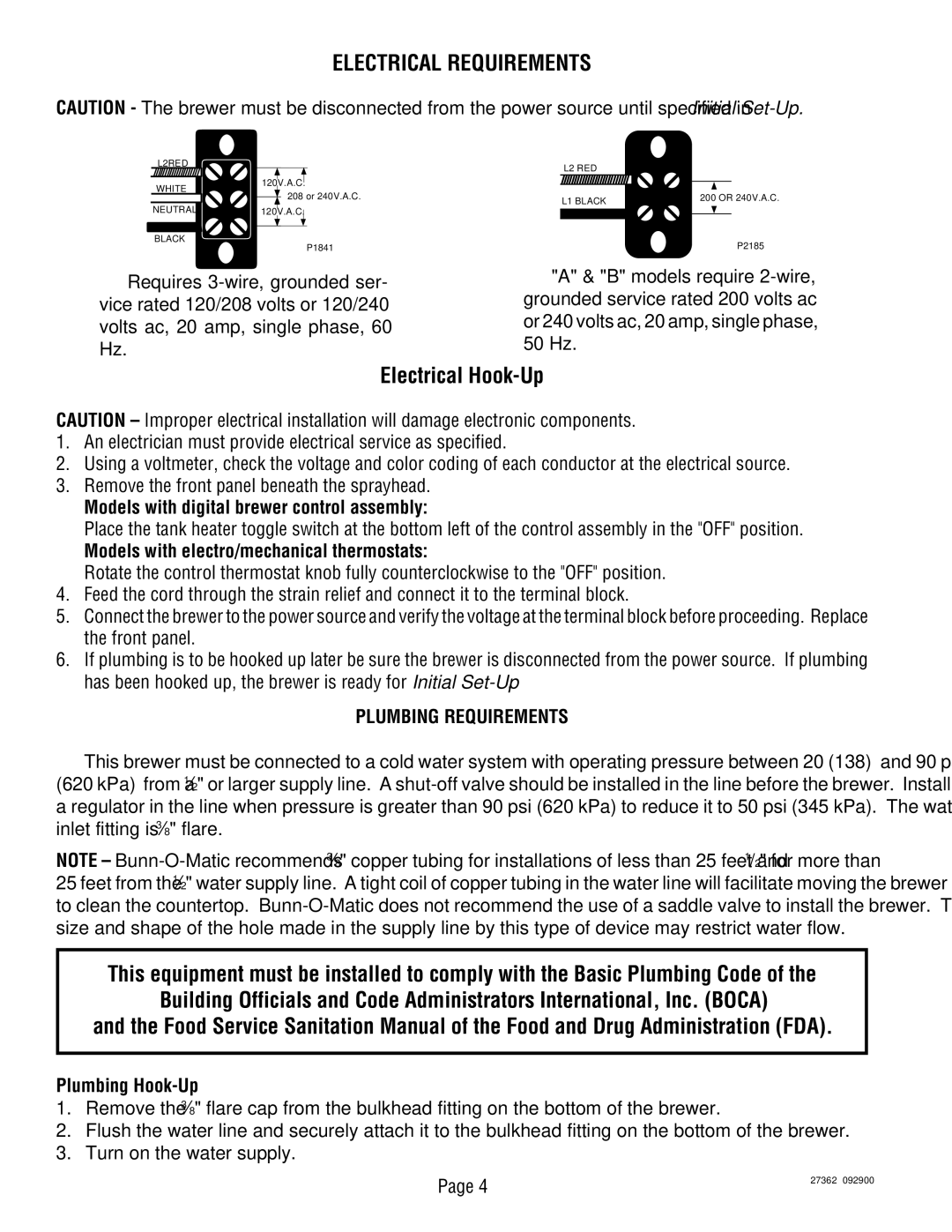 Bunn System III manual Electrical Requirements, Models with digital brewer control assembly, Plumbing Requirements 