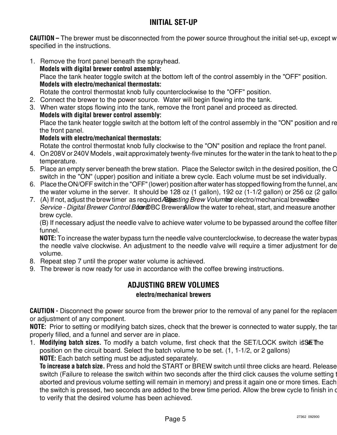 Bunn System III manual Initial SET-UP, Adjusting Brew Volumes, Electro/mechanical brewers 