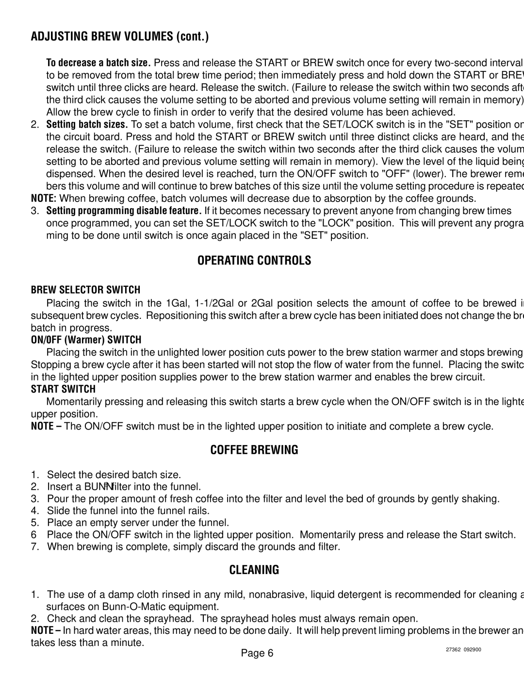 Bunn System III manual Operating Controls, Coffee Brewing, Cleaning, Brew Selector Switch, Start Switch 