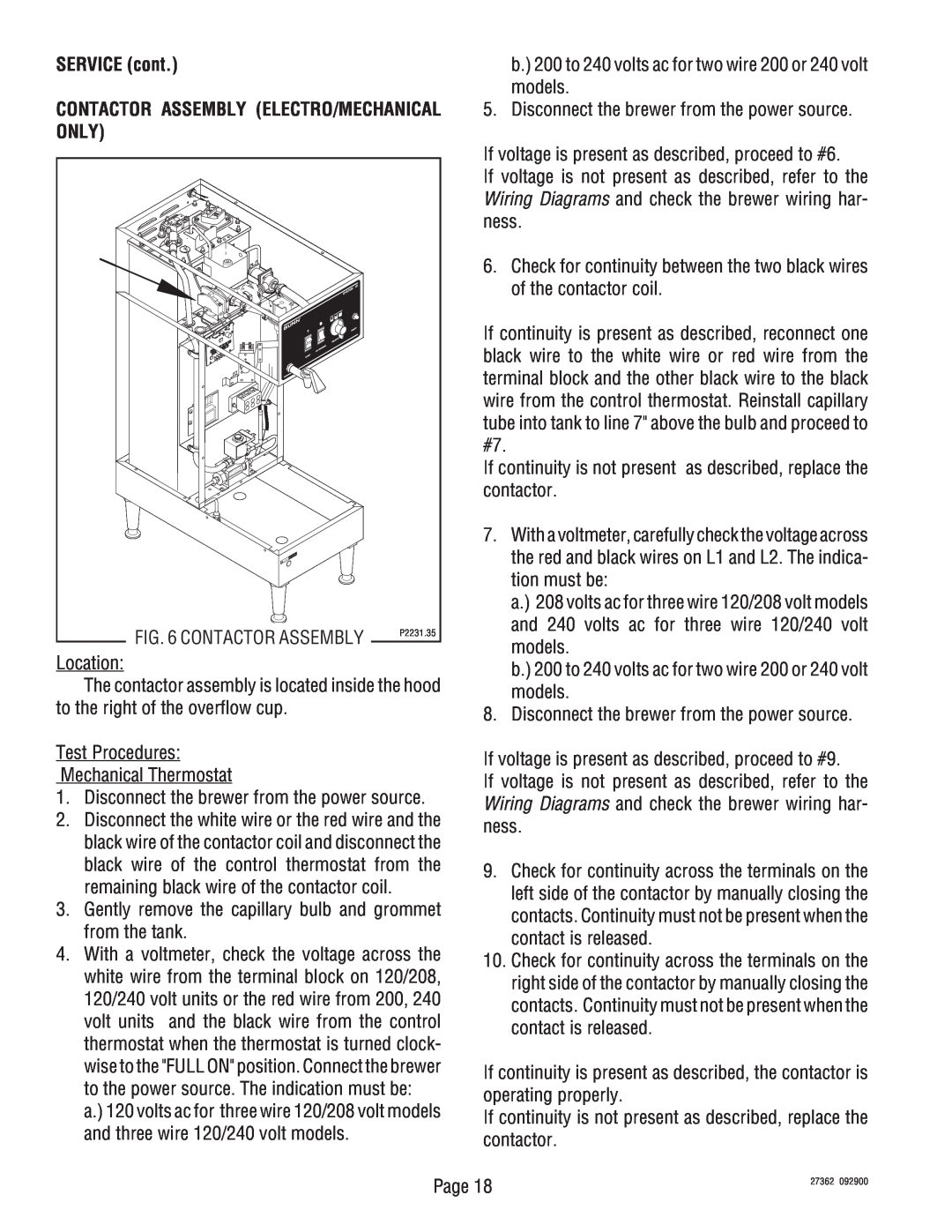 Bunn System III manual SERVICE cont, Contactor Assembly Electro/Mechanical Only 