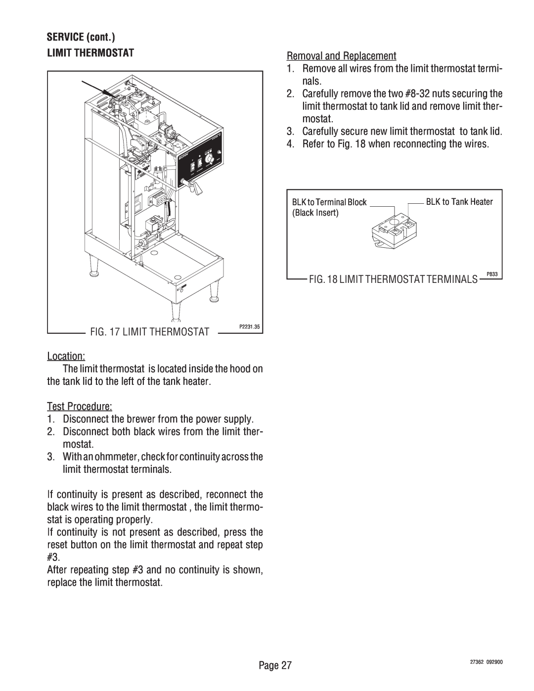 Bunn System III manual SERVICE cont LIMIT THERMOSTAT 