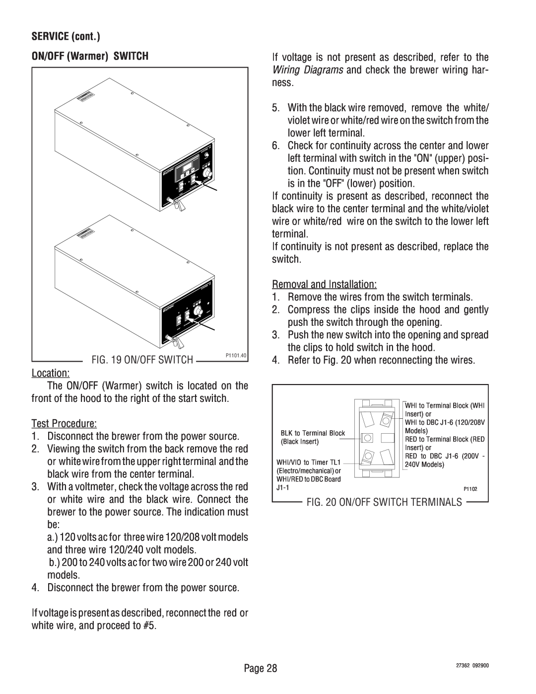 Bunn System III manual SERVICE cont ON/OFF Warmer SWITCH 