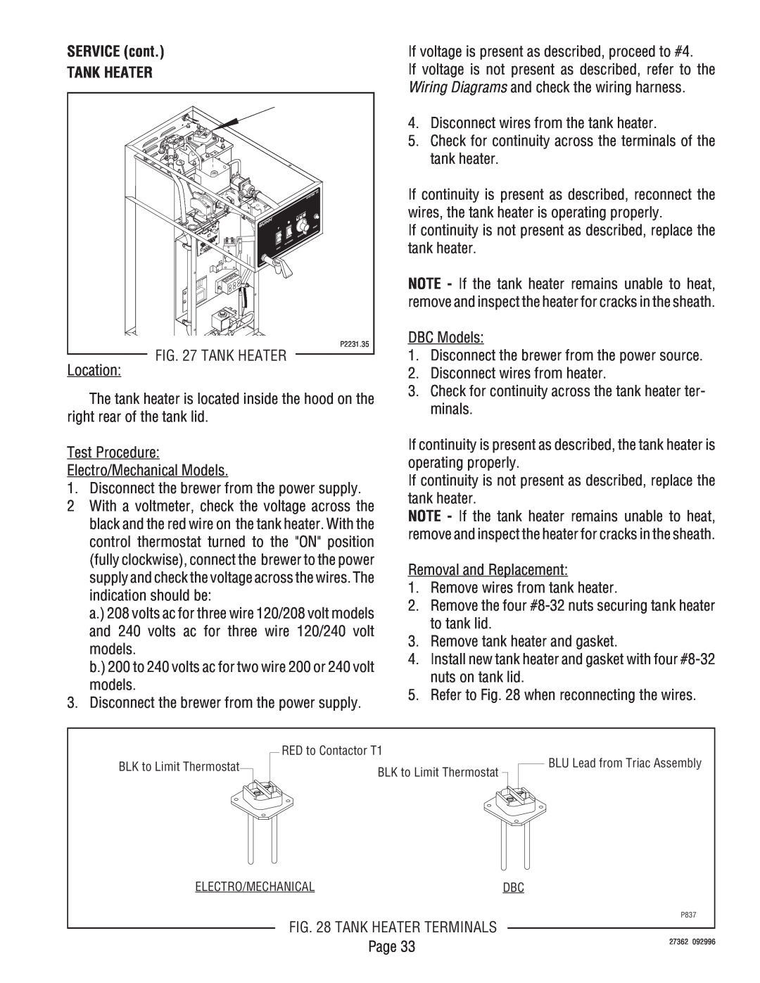 Bunn System III manual SERVICE cont TANK HEATER, Tank Heater, Location 