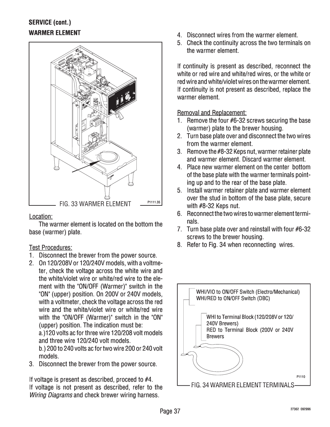 Bunn System III manual Warmer Element, SERVICE cont 