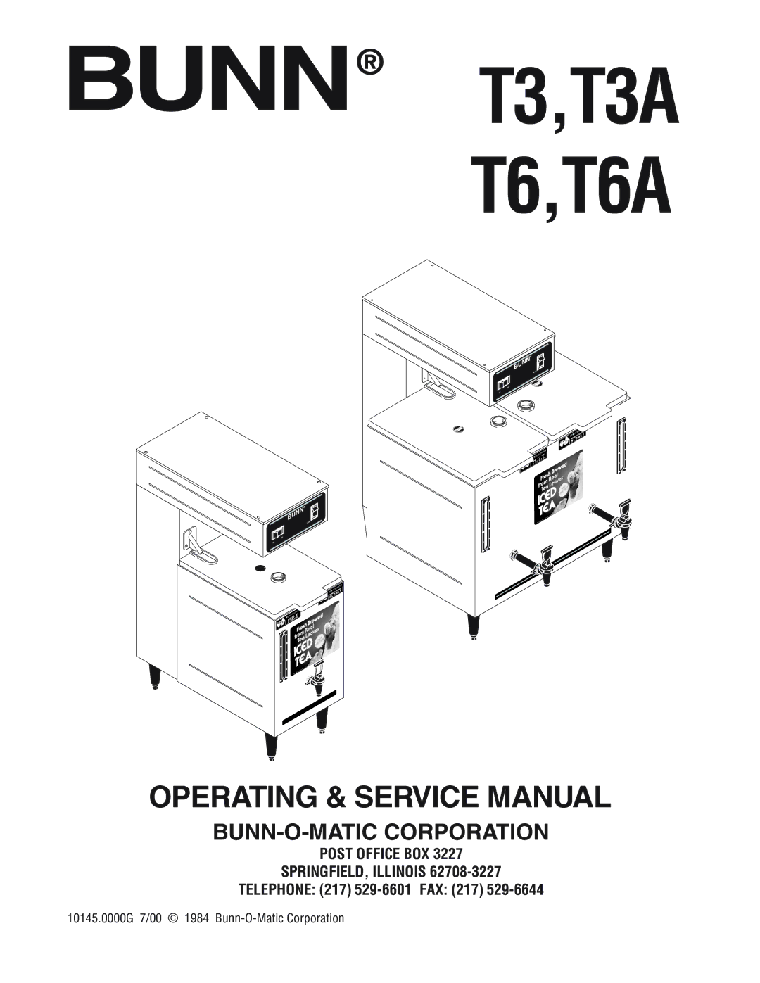 Bunn T6A, T3A manual Post Office BOX SPRINGFIELD, Illinois, Telephone 217 529-6601 FAX 217 