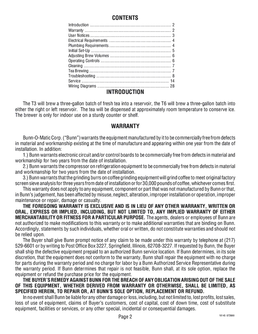 Bunn T3A, T6A manual Introduction, Warranty 