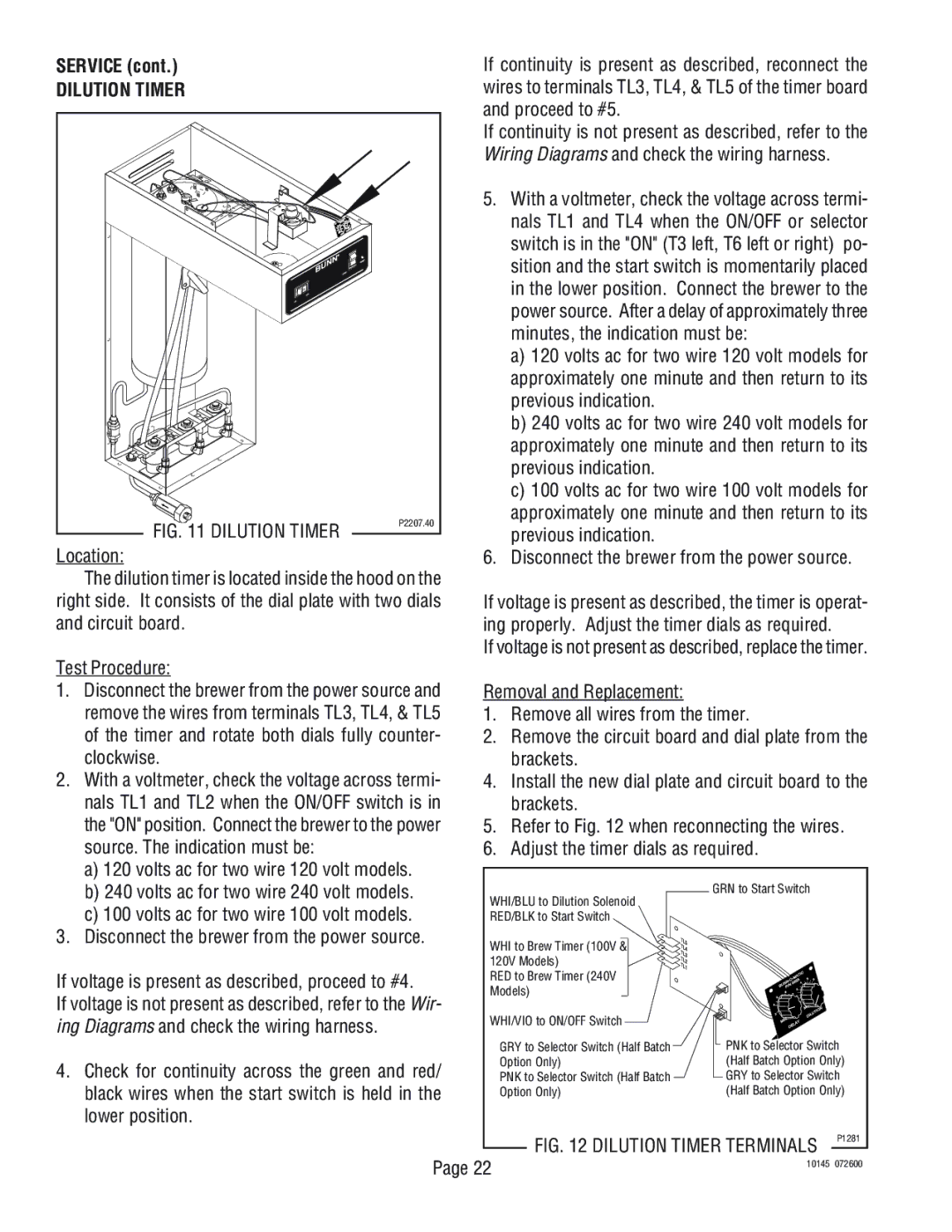 Bunn T3A, T6A manual Dilution Timer, Clockwise, Source. The indication must be 