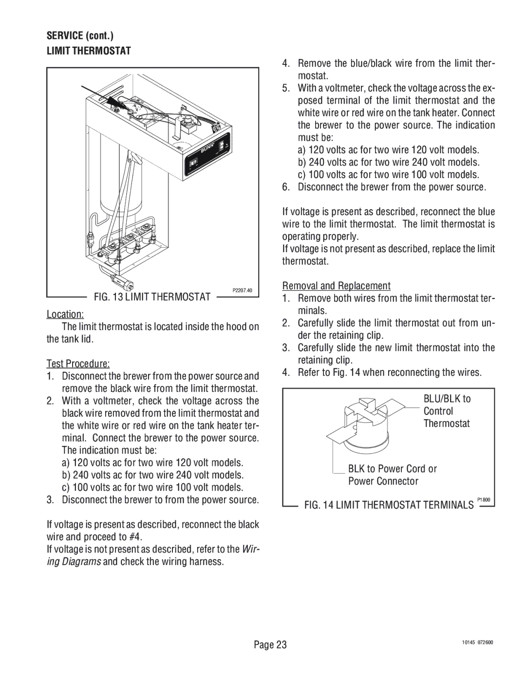 Bunn T3A, T6A manual Limit Thermostat, With a voltmeter, check the voltage across 