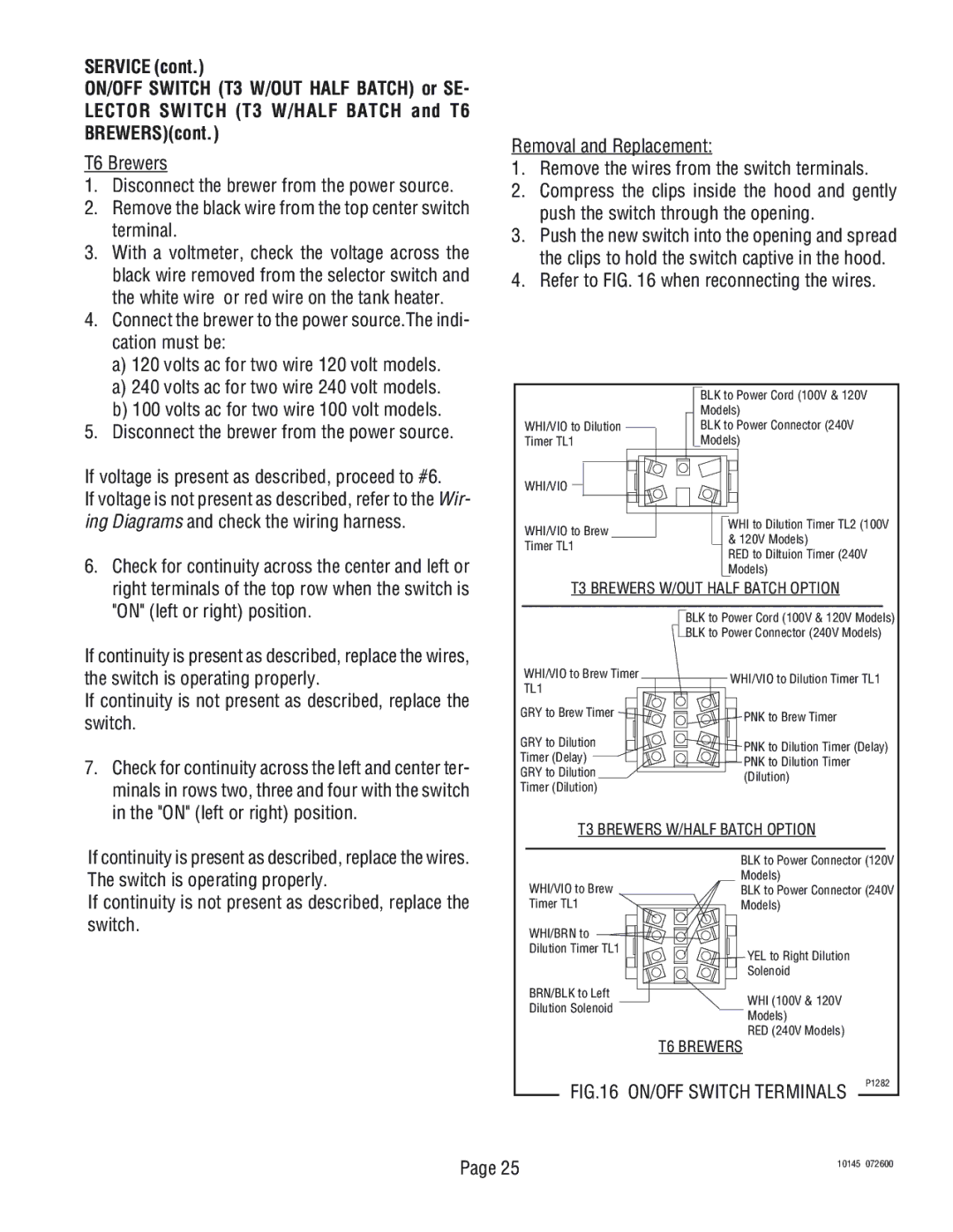 Bunn T6A, T3A manual On left or right position, Whi/Vio 