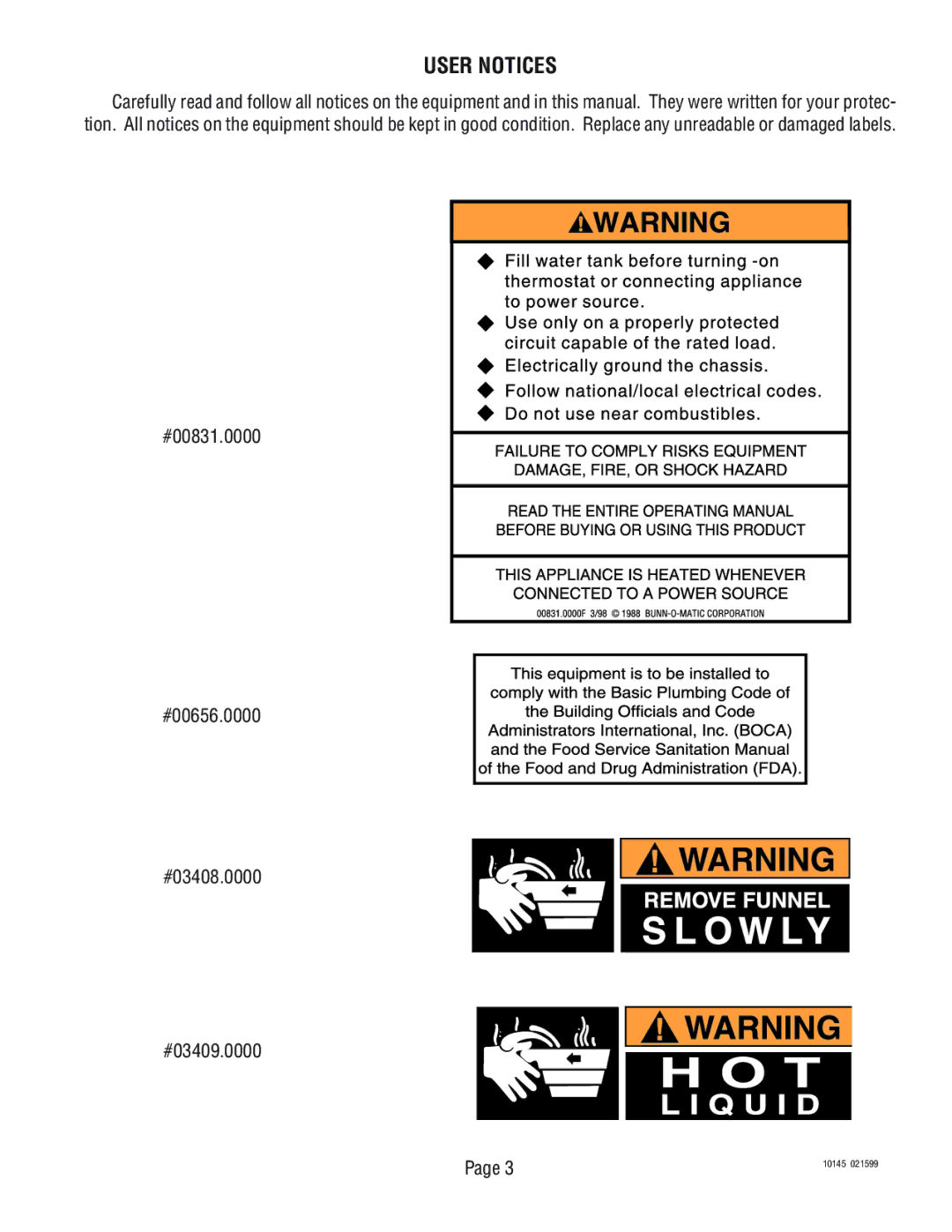 Bunn T3A, T6A manual User Notices, #00831.0000 #00656.0000 #03408.0000 #03409.0000 