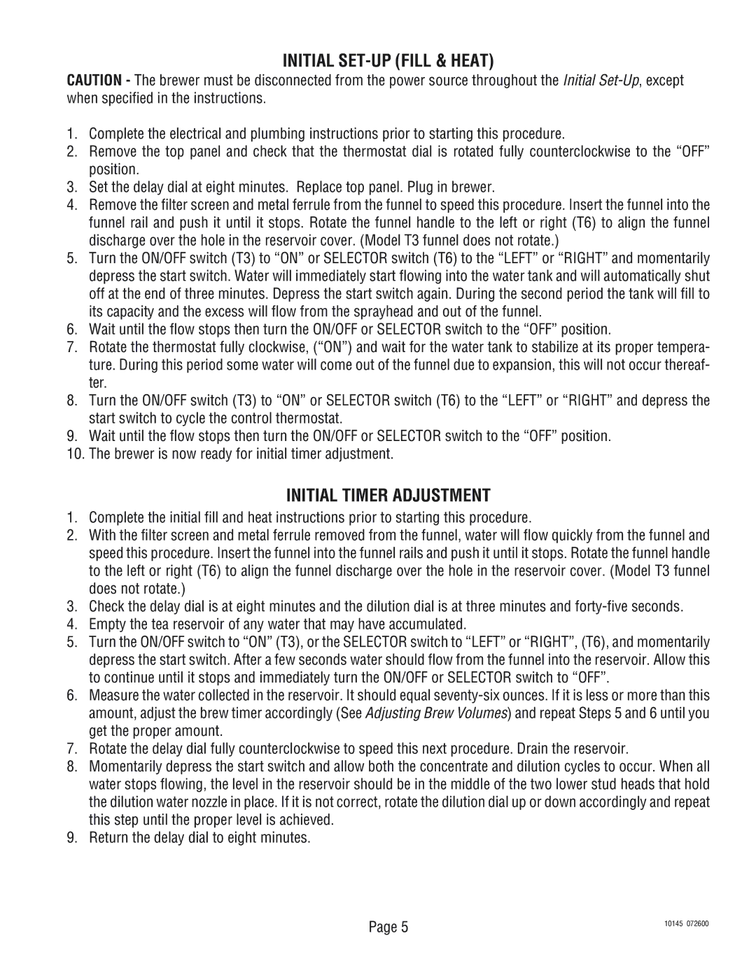 Bunn T6A, T3A manual Initial SET-UP Fill & Heat, Initial Timer Adjustment 