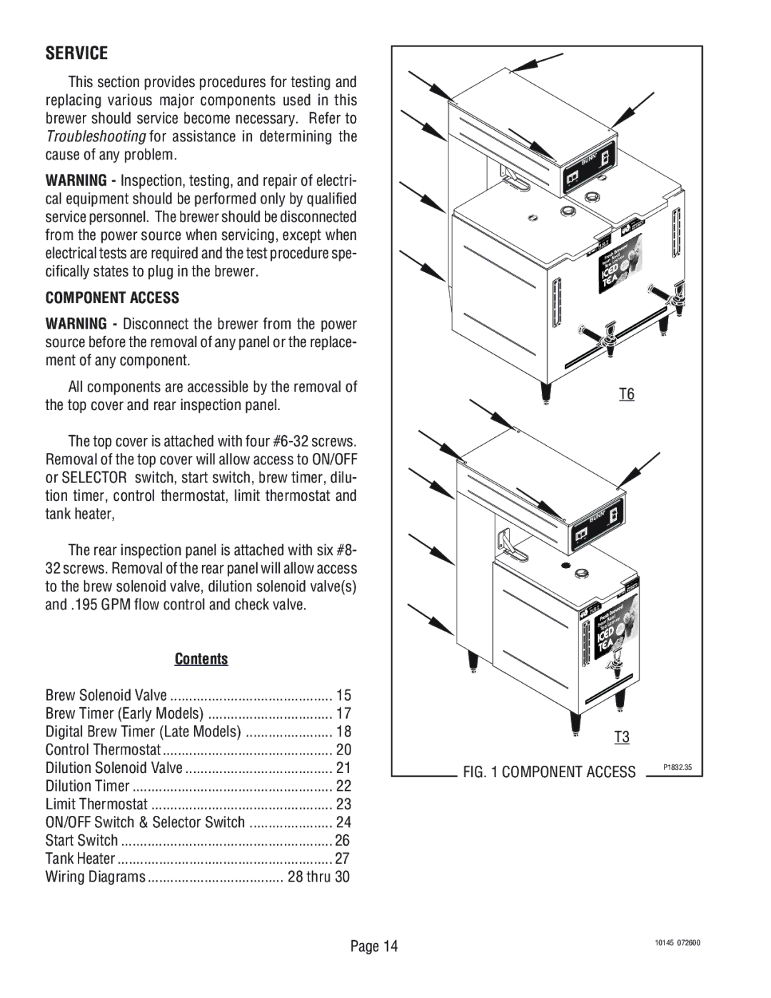 Bunn T3A, T6A service manual Service, Component Access, Contents 