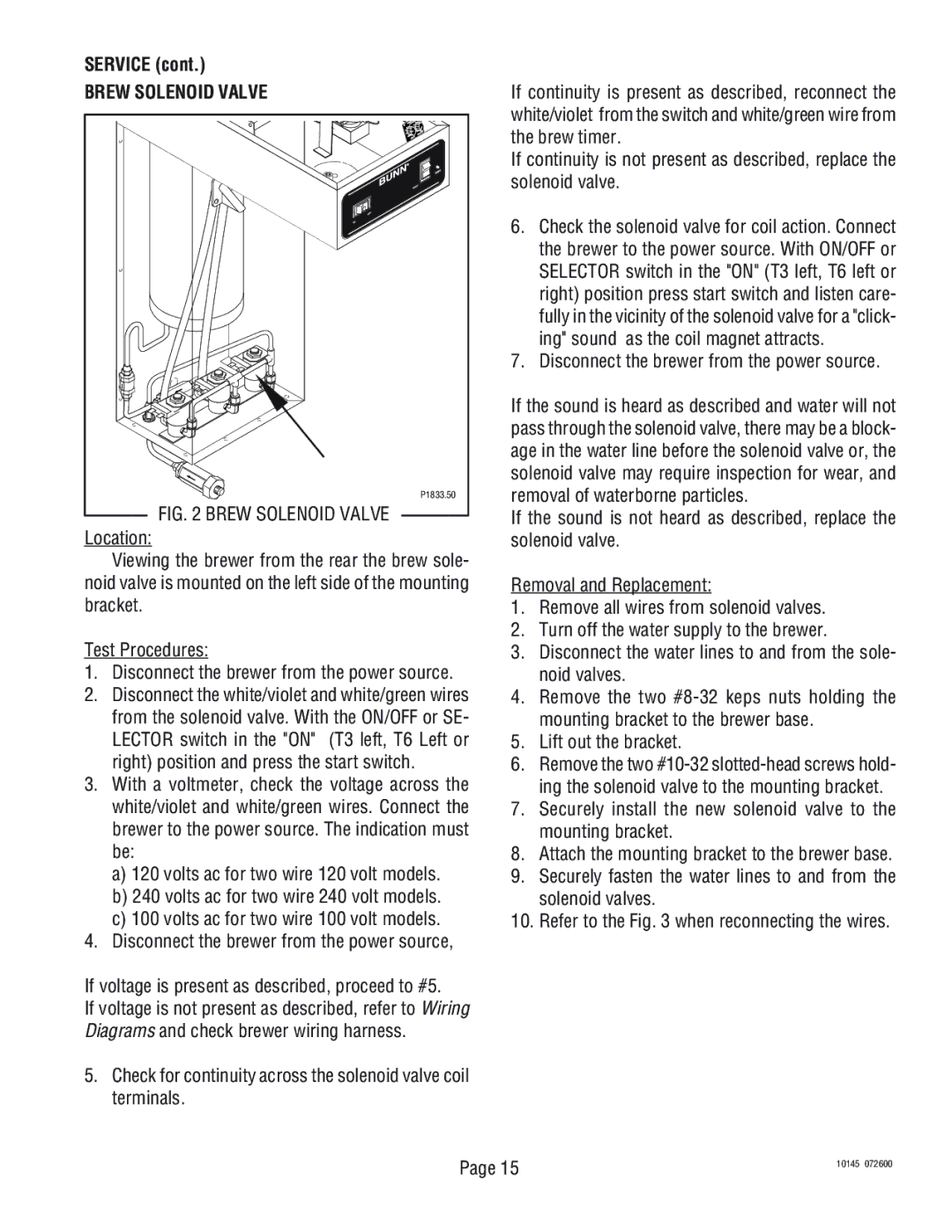 Bunn T3A, T6A service manual Service, Brew Solenoid Valve 