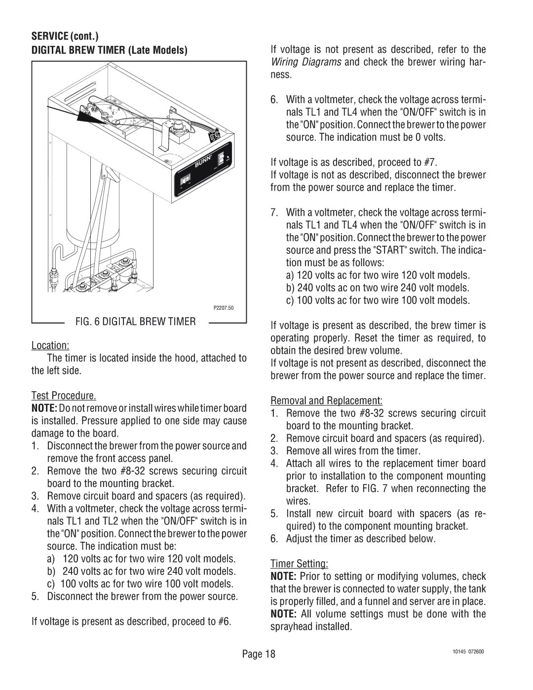 Bunn T3A, T6A service manual Service Digital Brew Timer Late Models, If voltage is as described, proceed to #7 