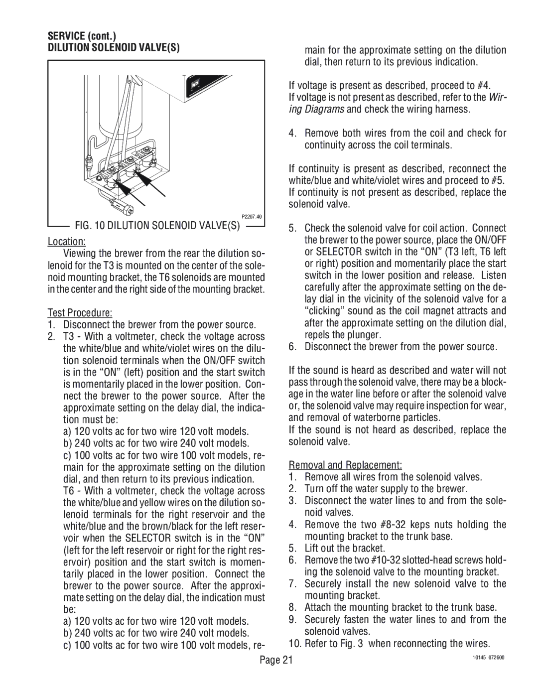 Bunn T3A, T6A service manual Dilution Solenoid Valves, Test Procedure Disconnect the brewer from the power source 