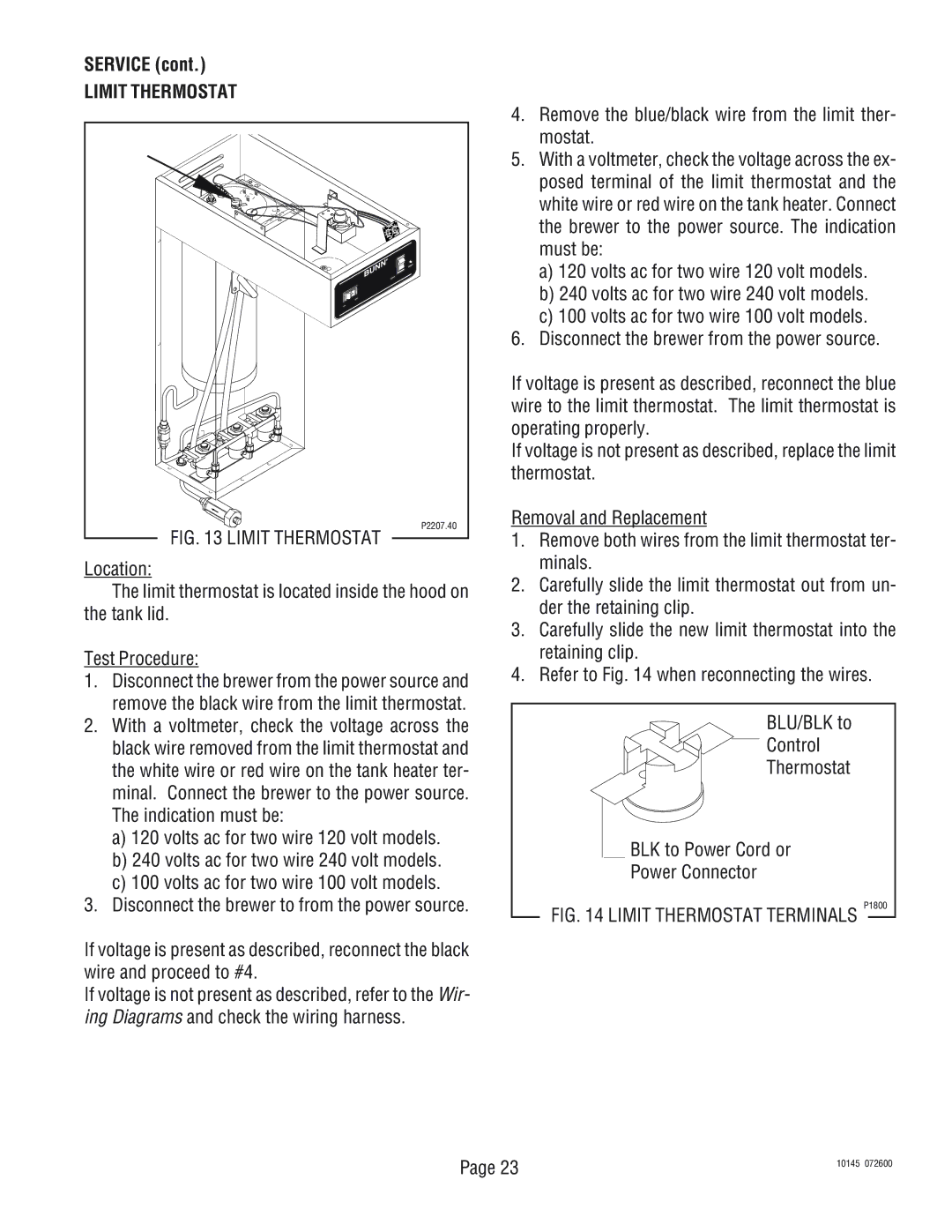 Bunn T3A, T6A service manual Limit Thermostat, With a voltmeter, check the voltage across 