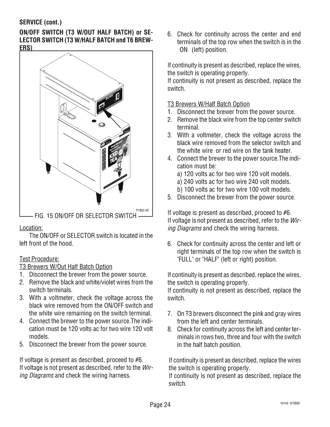 Bunn T3A, T6A service manual ON/OFF or Selector Switch 