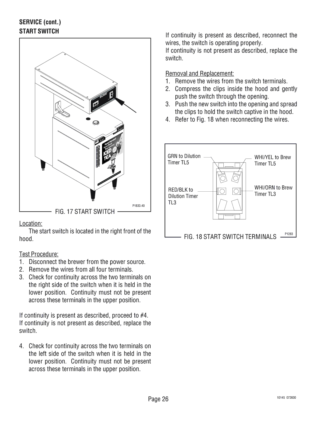 Bunn T3A, T6A service manual Start Switch 