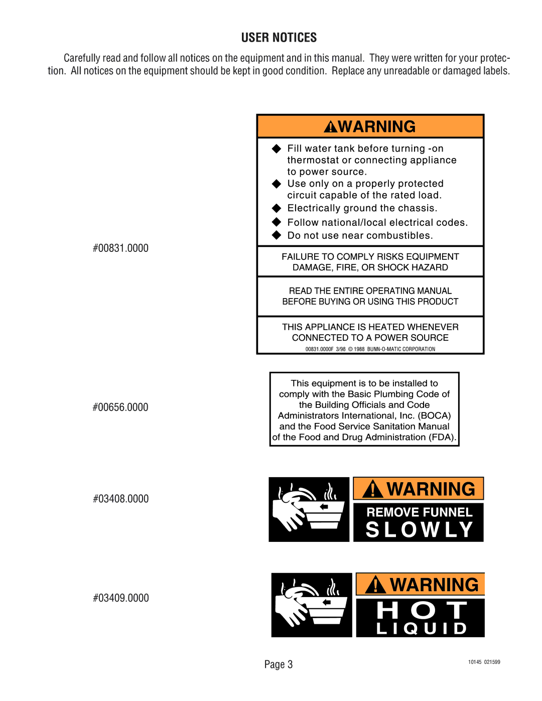 Bunn T3A, T6A service manual User Notices, #00831.0000 #00656.0000 #03408.0000 #03409.0000 