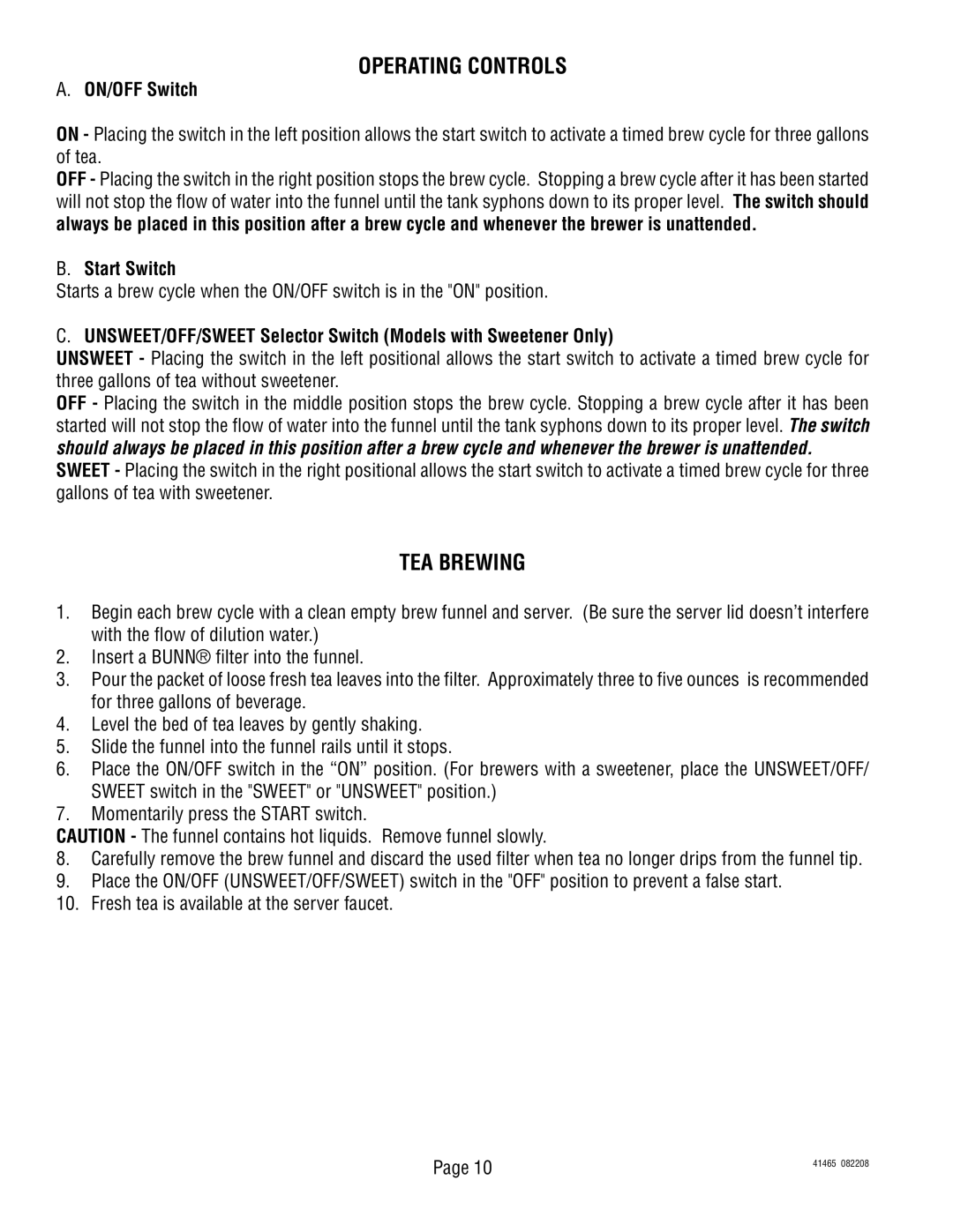 Bunn TB3 Series service manual Operating Controls, TEA Brewing, ON/OFF Switch, Start Switch 