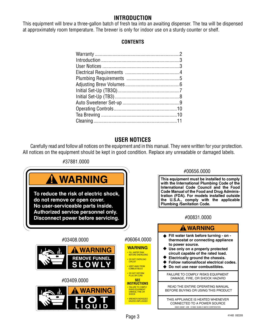 Bunn TB3 Series service manual Introduction 