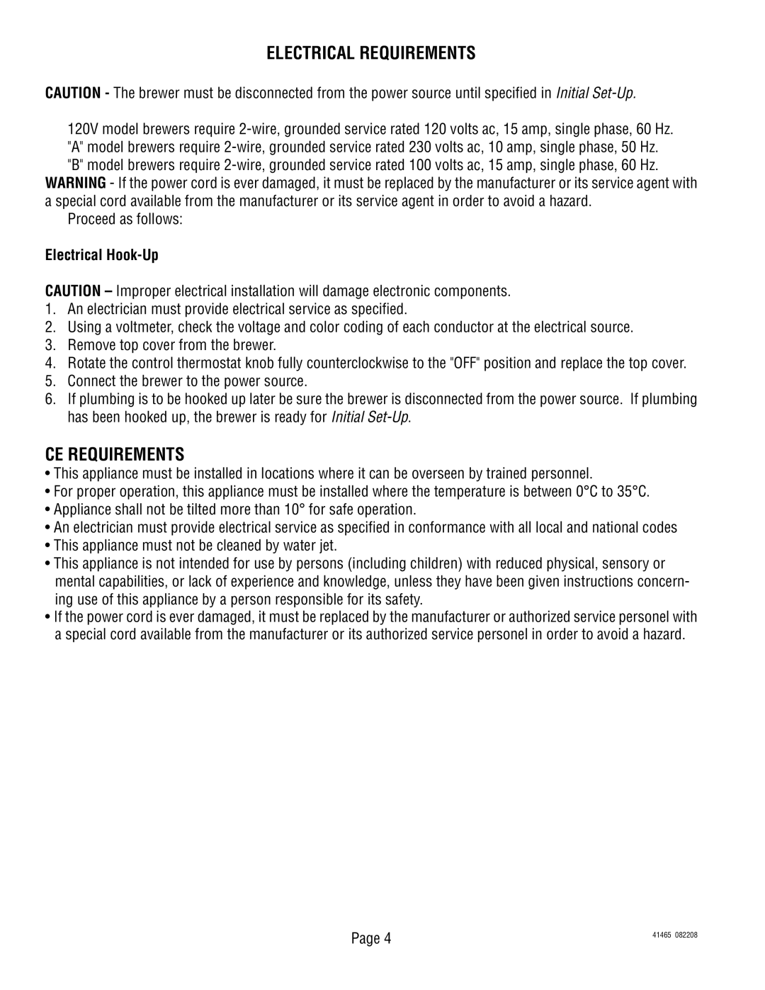 Bunn TB3 Series service manual Electrical Requirements, CE Requirements, Electrical Hook-Up 