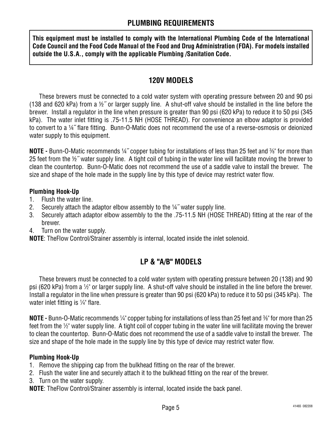 Bunn TB3 Series service manual Plumbing Requirements, 120V Models, LP & A/B Models, Plumbing Hook-Up 