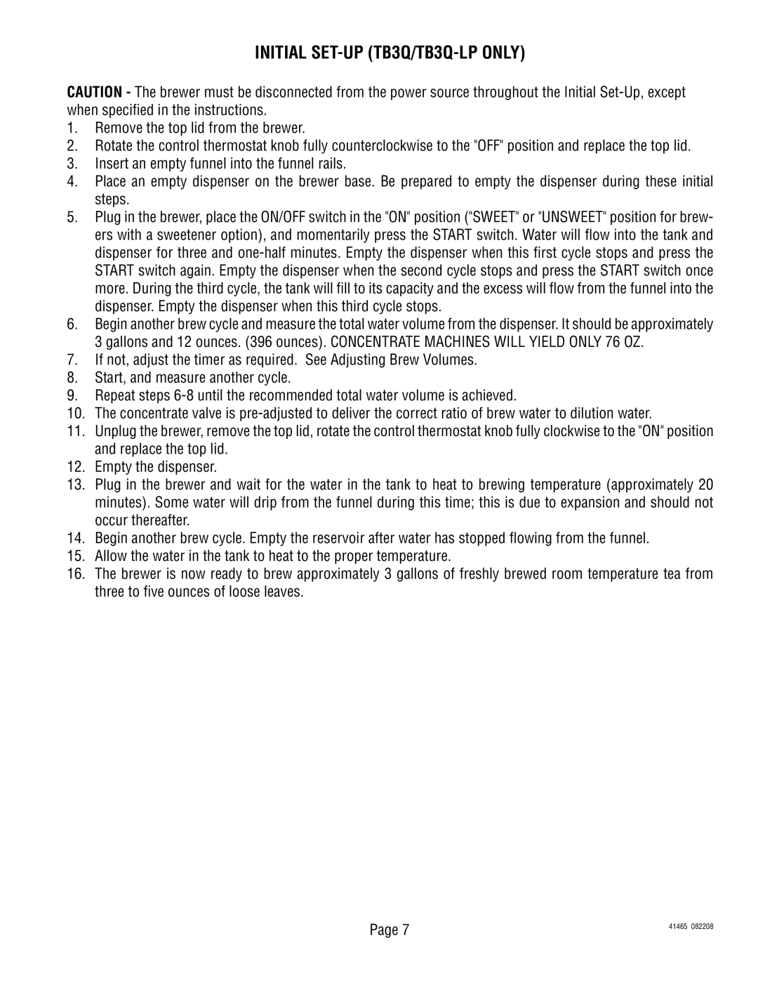 Bunn TB3 Series service manual Initial SET-UP TB3Q/TB3Q-LP only 