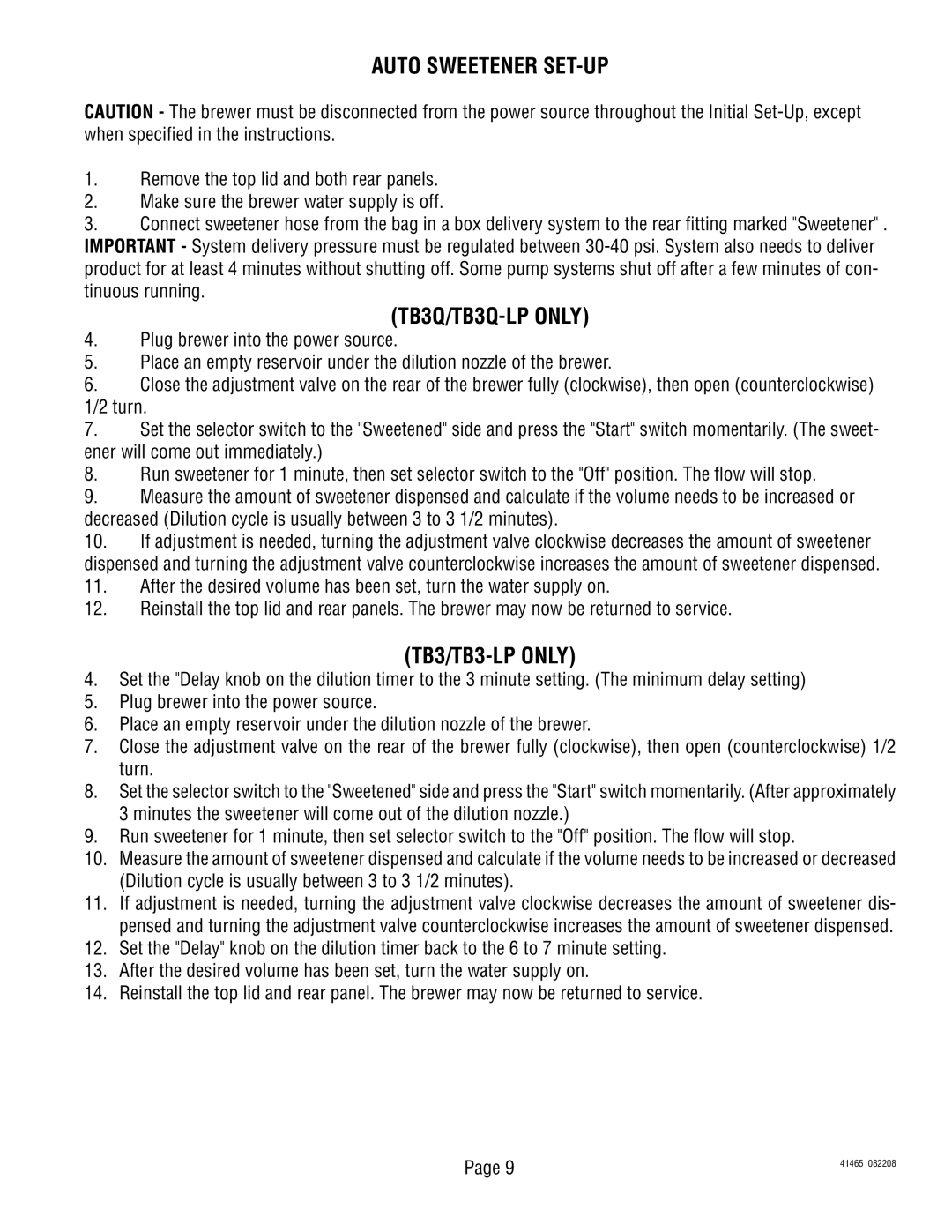 Bunn TB3 Series service manual Auto Sweetener SET-UP, TB3Q/TB3Q-LP only, TB3/TB3-LP only 