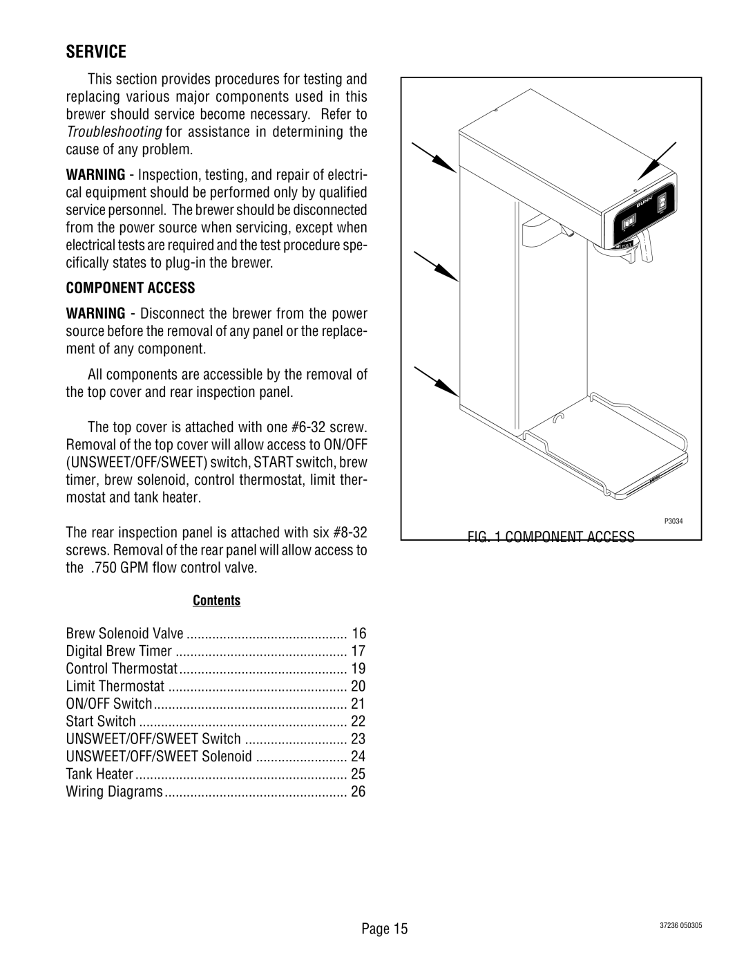 Bunn TB3Q-LP service manual Service, Component Access 