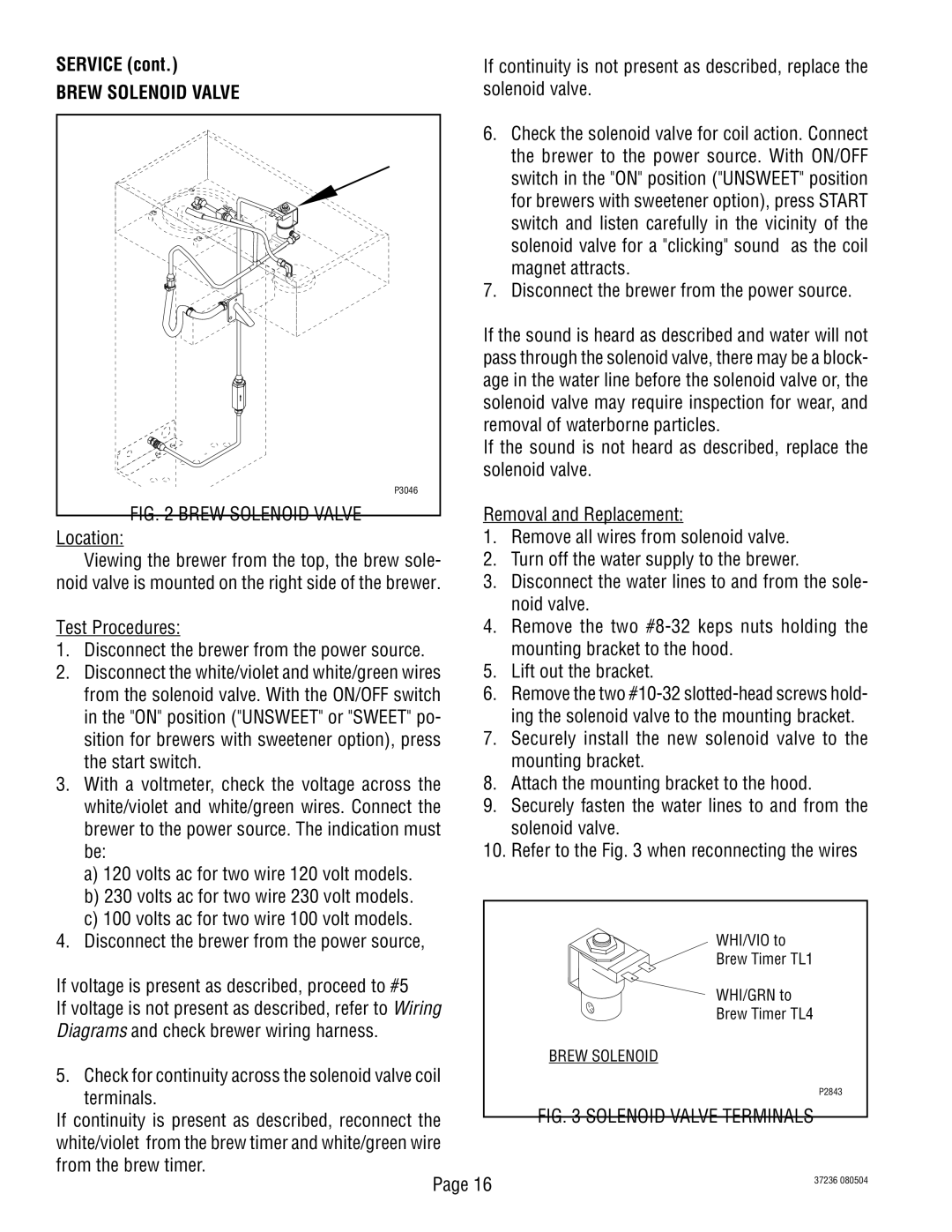 Bunn TB3Q-LP service manual Service, Brew Solenoid Valve, Solenoid valve, Location 