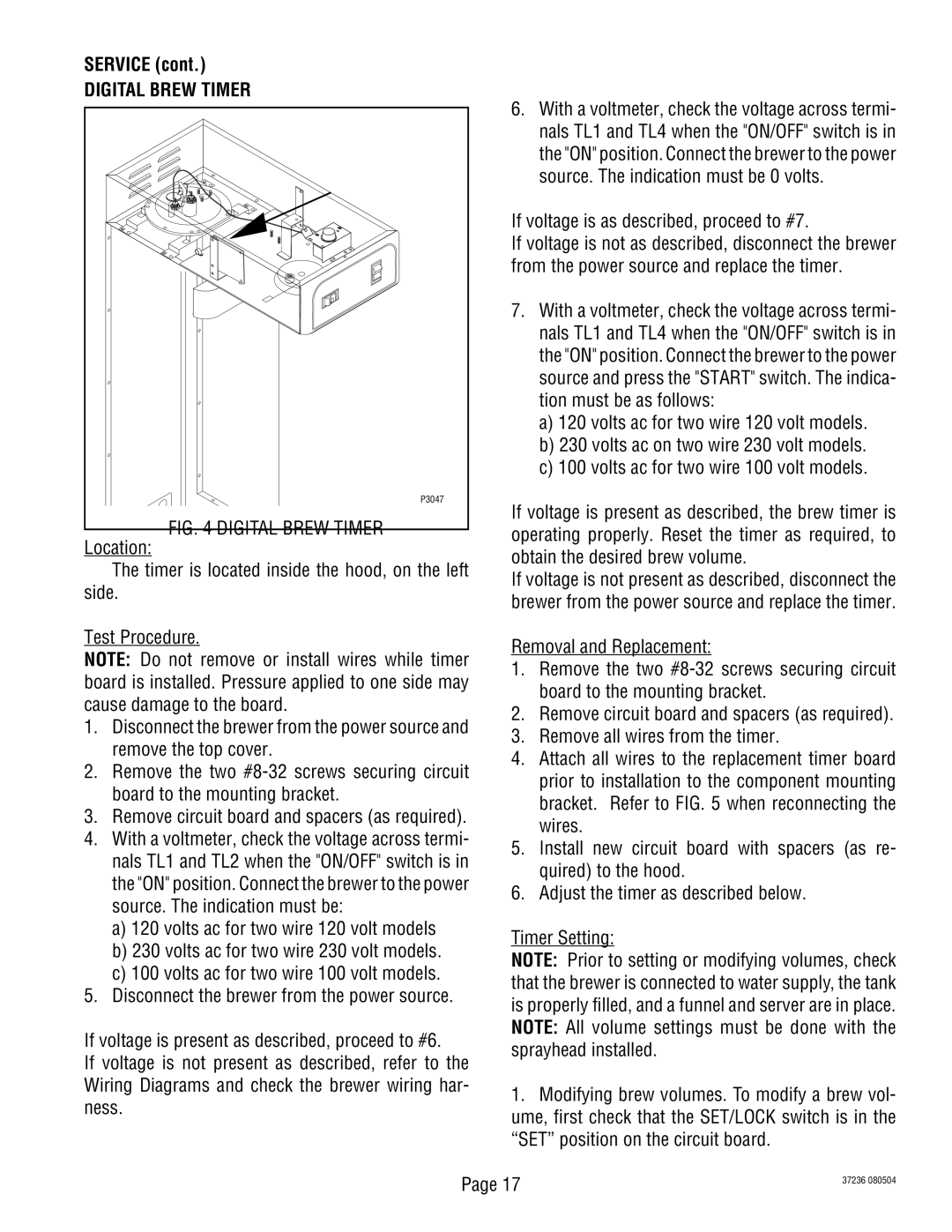 Bunn TB3Q-LP service manual Digital Brew Timer, If voltage is as described, proceed to #7 